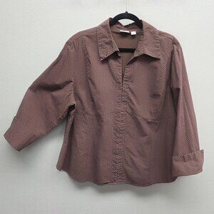 Cato Blouse Shirt Womens 22/24W Brown Pink Polka Dot Stretch 3/4 Sleeve Plus